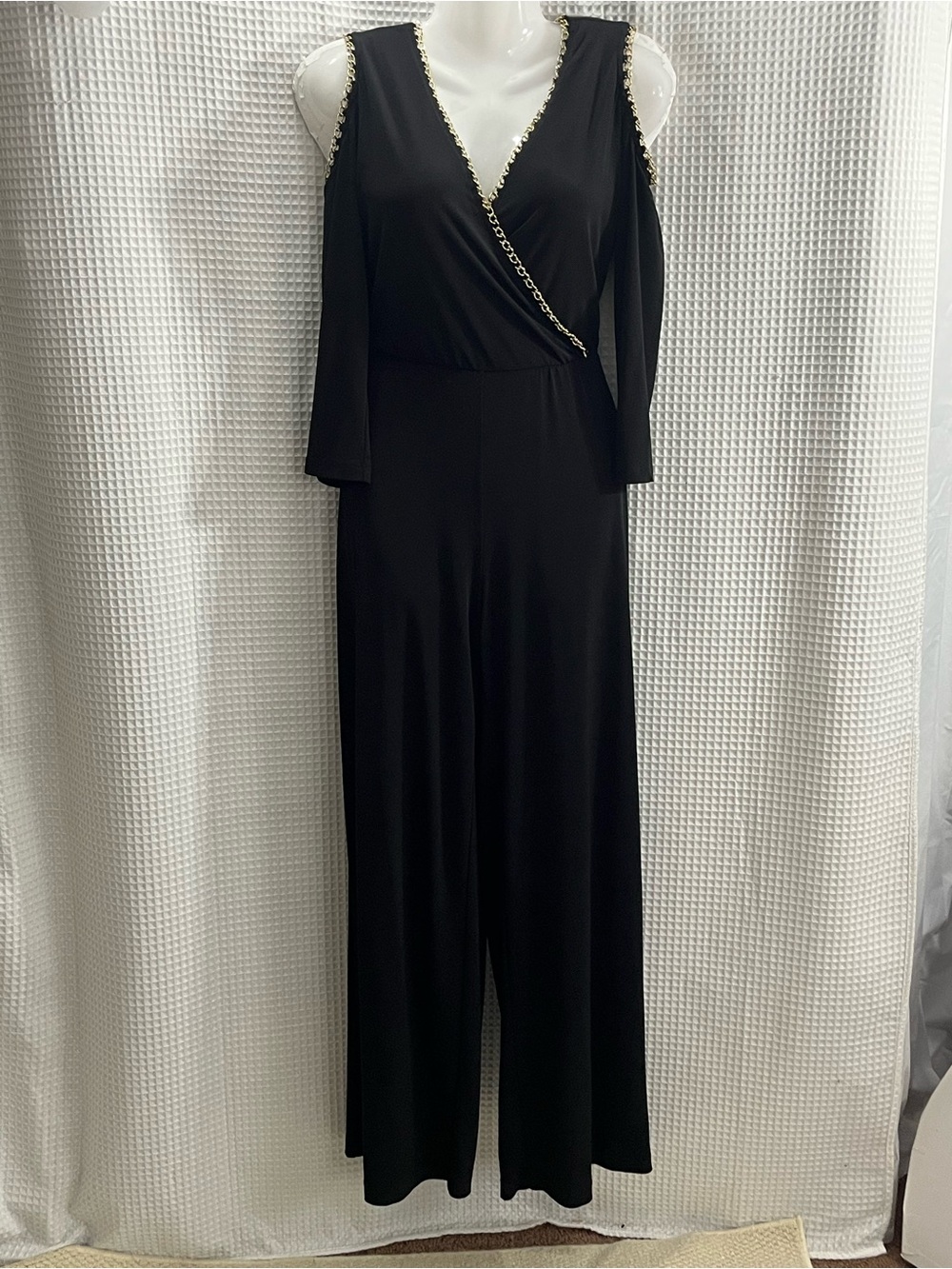 Calvin Klein Black Cold-Shoulder Jumpsuit with Gold Chain Trim size 4